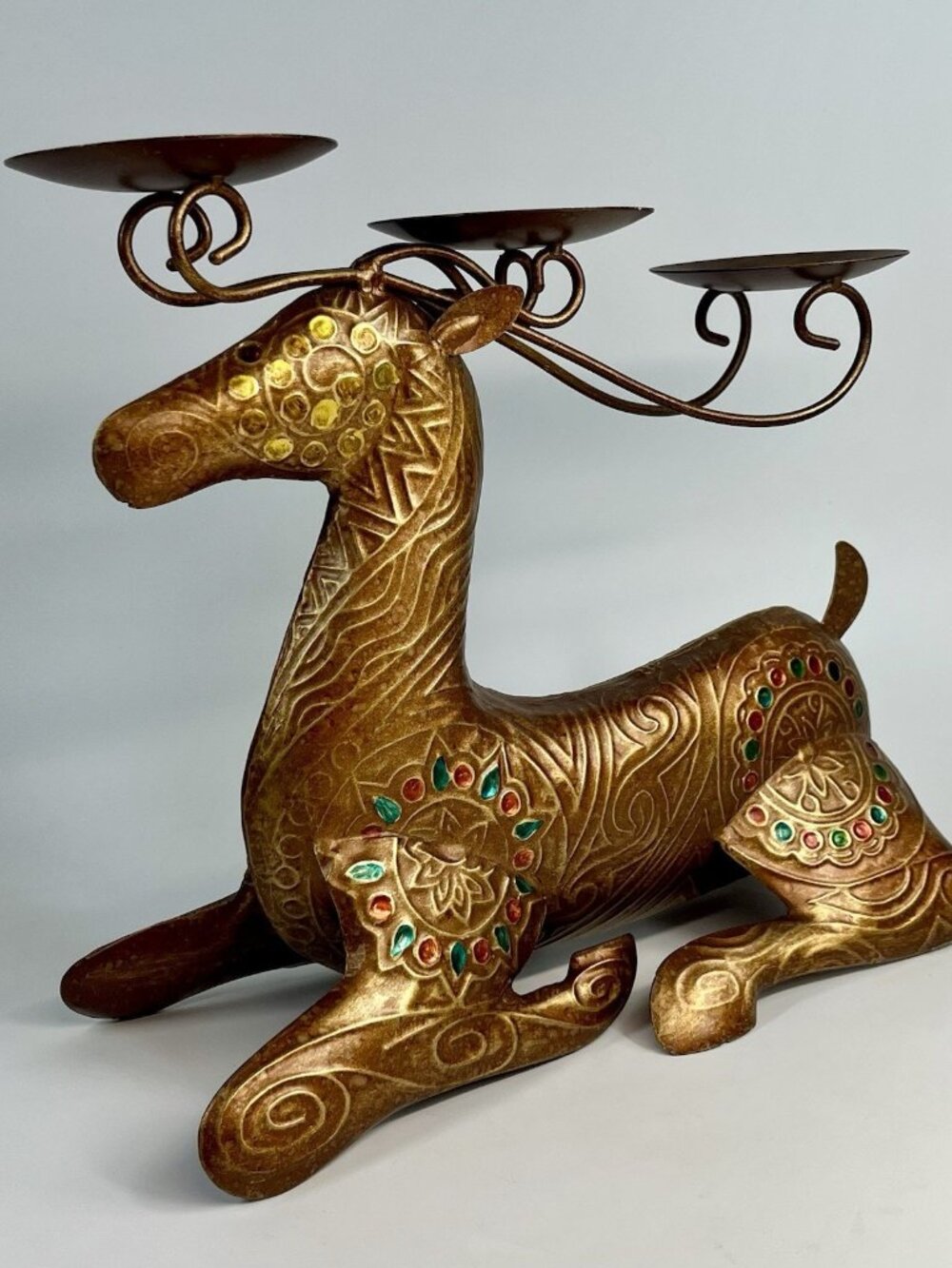 Pier 1 Embossed Metal Candle Holder Deer Reindeer Antler Pillar 3 Candle Holiday